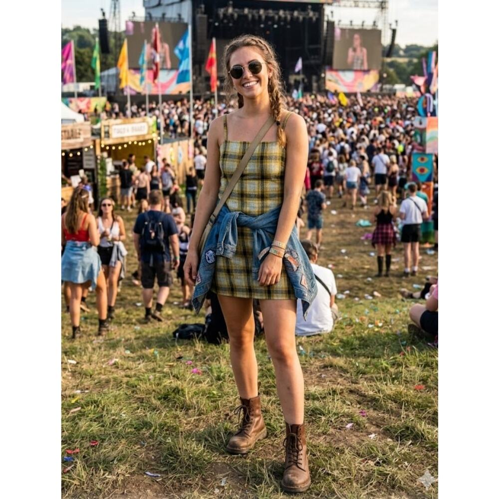 5395)Popular Basics Flannel Plaid Yellow Empire Waist Festival Mini Dress Large